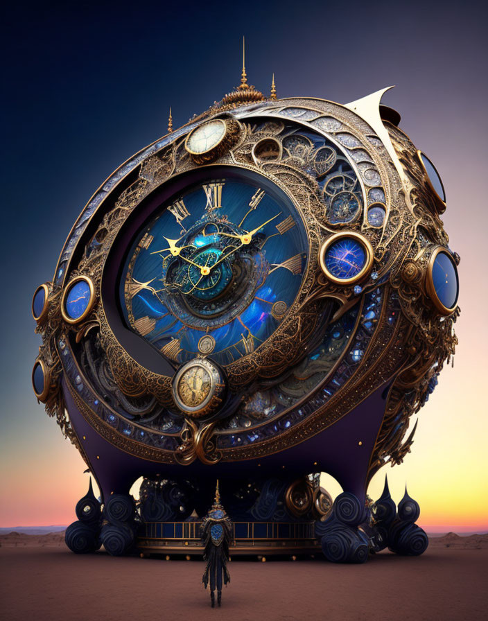 Ornate spherical clock structure in desert dusk