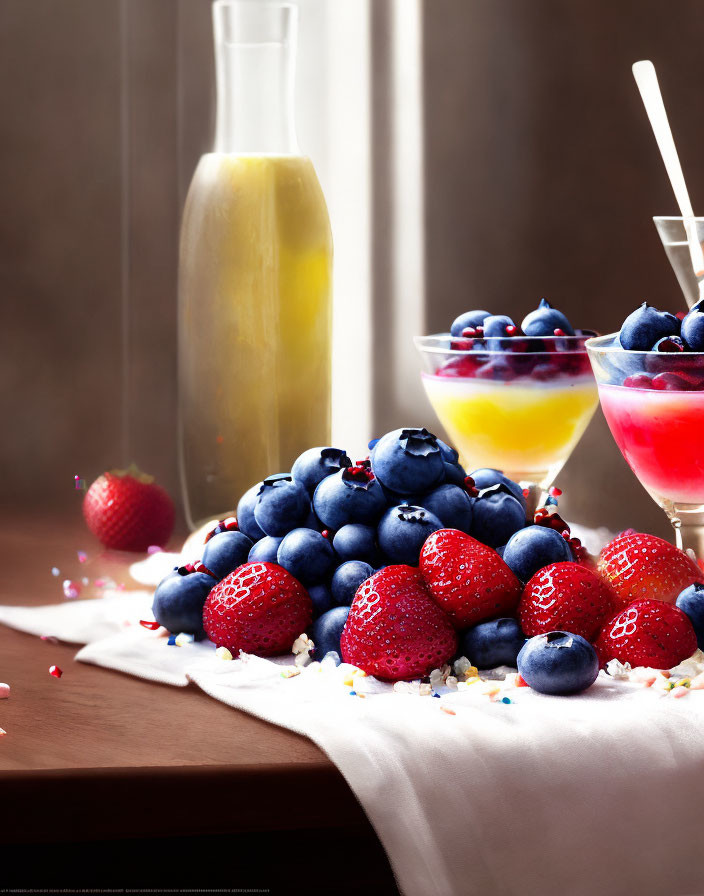 Colorful berries, yogurt, and juice on table display