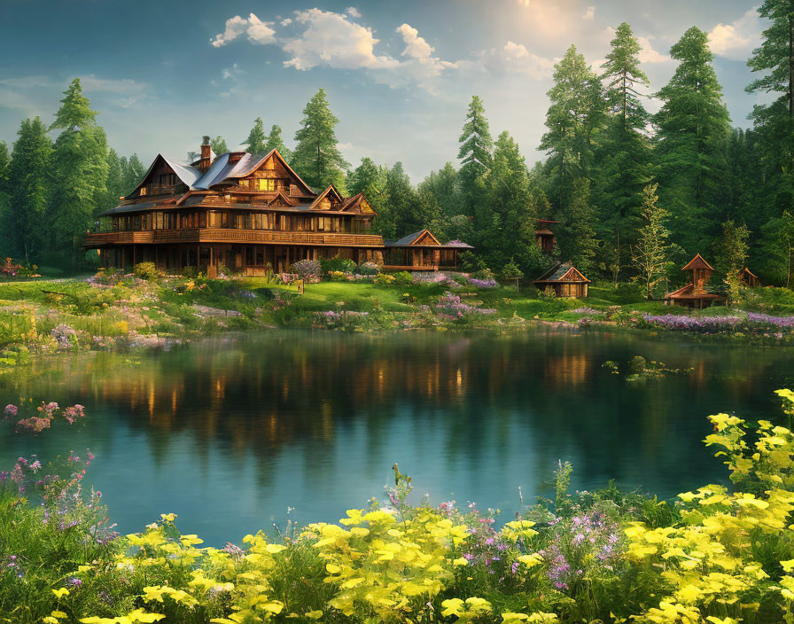 Tranquil lakeside scene with rustic wooden house and lush greenery