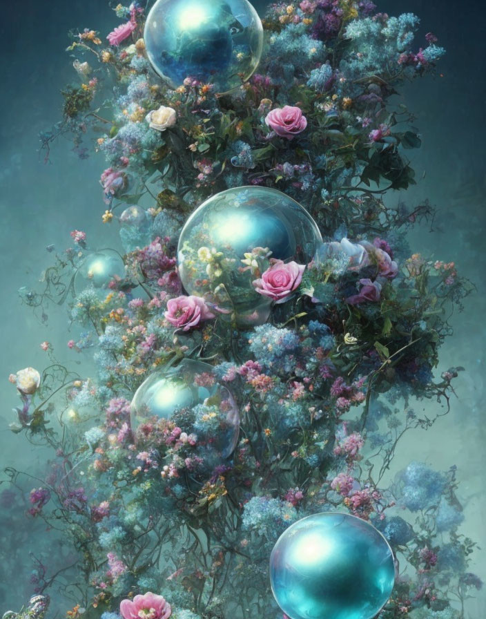 Floral and Bubble Art on Misty Blue Background