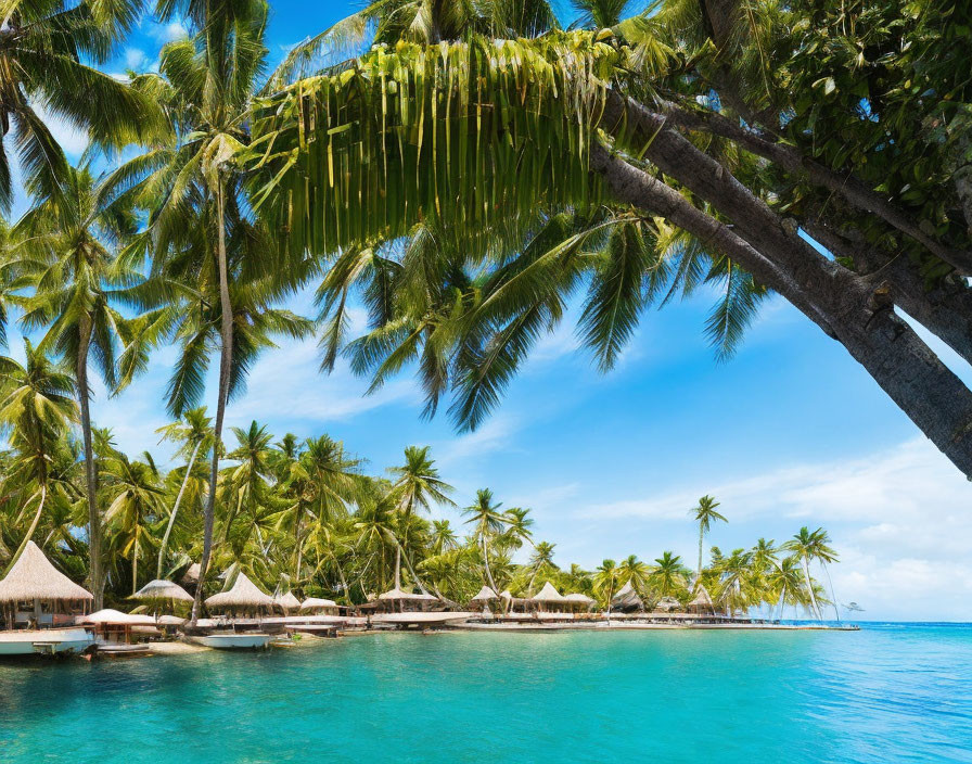 Tropical Beach Resort with Thatched Huts and Palm Trees