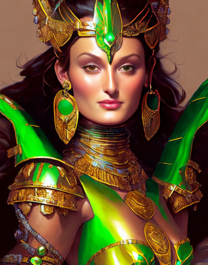 Woman in Gold and Green Armor with Decorated Helmet and Jewelry