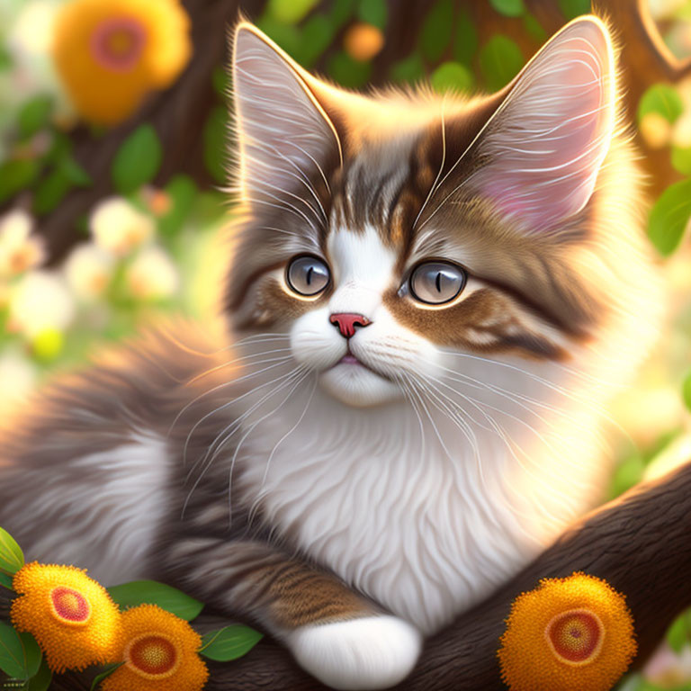 Tabby Kitten Resting on Tree Branch Among Yellow Flowers