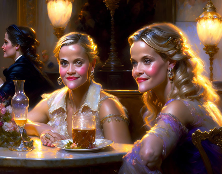 Two women in elegant dresses at candle-lit table with mirror reflection