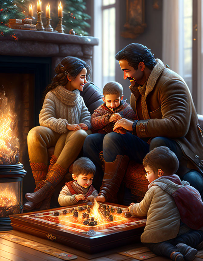 Family playing board game by Christmas fireplace