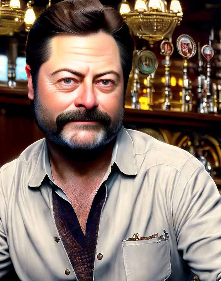 Man with Prominent Moustache Sitting at Bar with Beer Taps