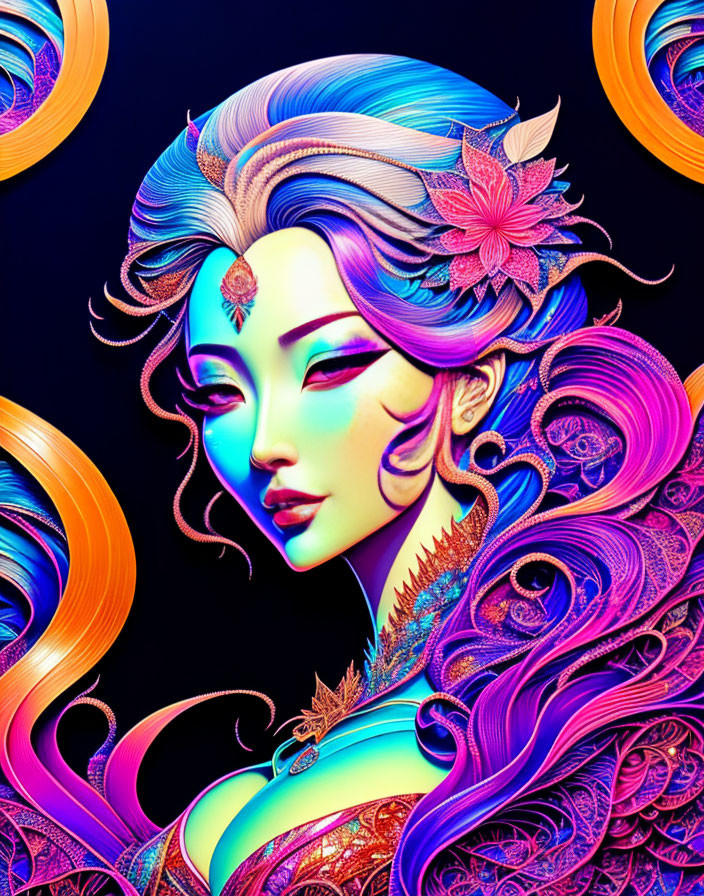 Vibrant digital artwork: stylized woman with blue and purple hair and floral details on dark backdrop