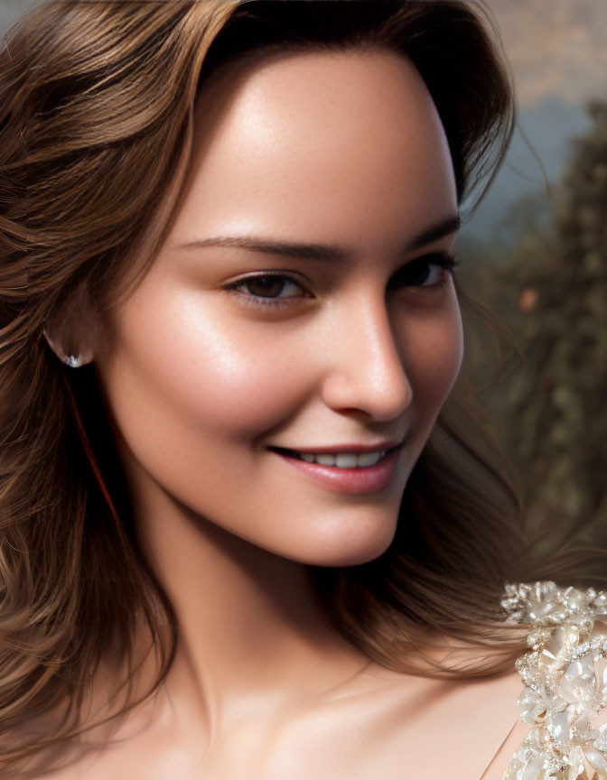 Smiling woman with wavy hair in white lace garment