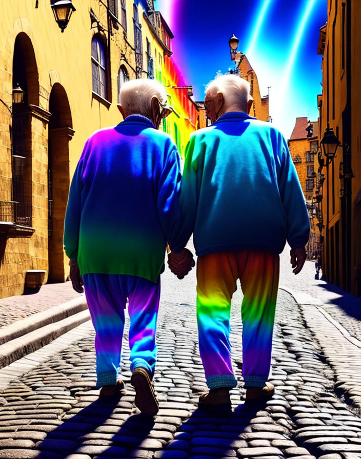 Elderly couple in rainbow clothes walking on cobblestone street