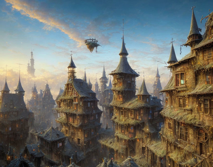 Steampunk-inspired cityscape with intricate buildings and floating structure at sunset