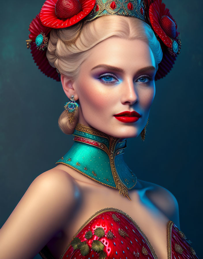 Portrait of woman with blue eyes, red lipstick, red & gold headdress, earrings, collar