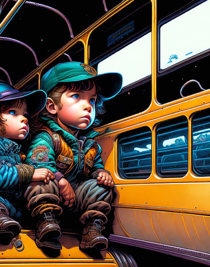 Children gazing out school bus window at night sky