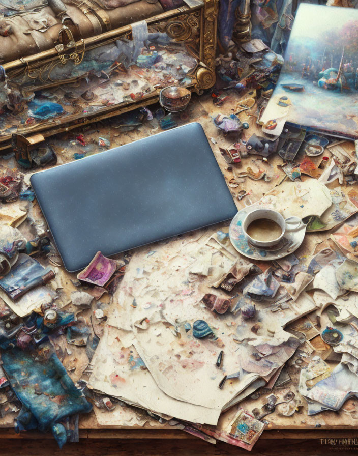 Messy artist's desk with laptop, coffee cup, paint tubes, brushes, and papers against orn