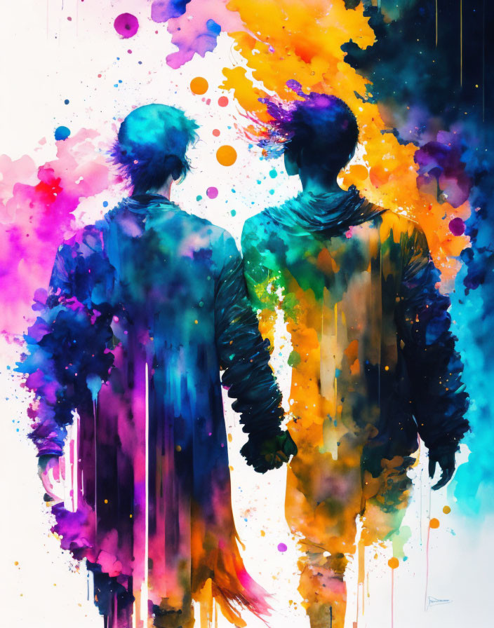 Silhouetted figures in vibrant watercolor explosion.