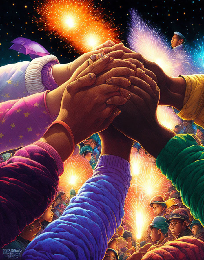 Diverse people holding hands under cosmic sky