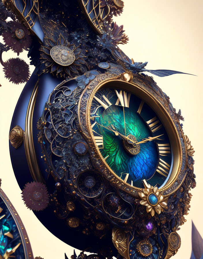 Surreal clock with peacock feather design and gold gears