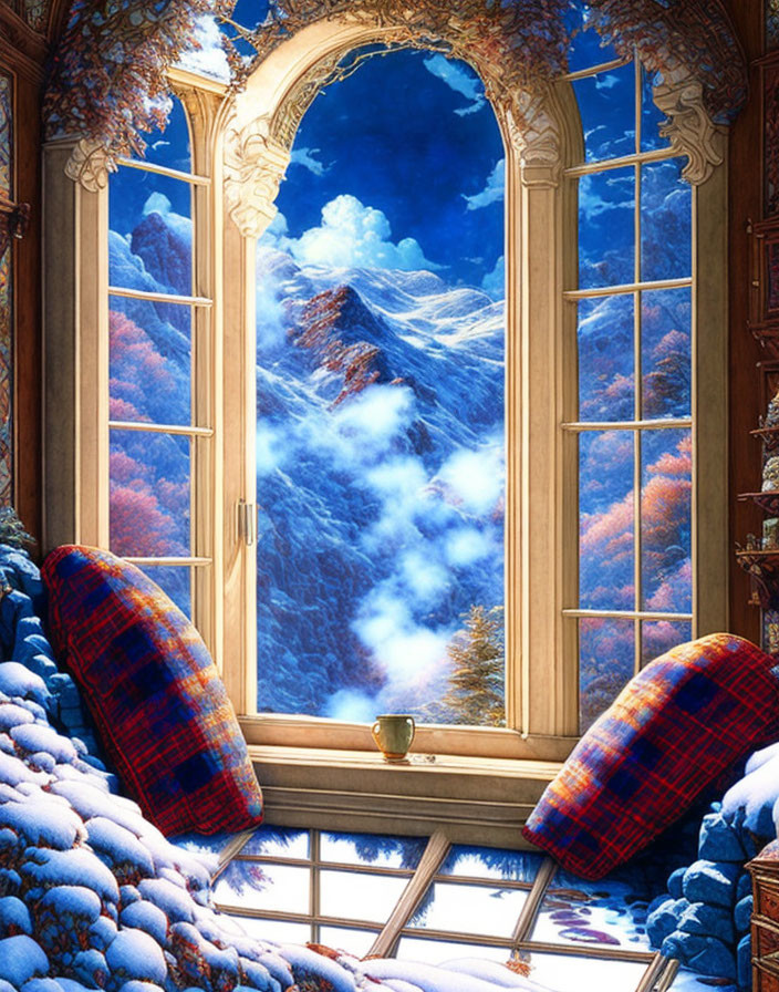 Ornate window with autumn mountain view and cozy cushions