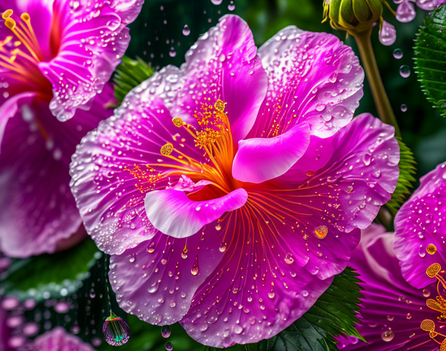 Detailed Pink Hibiscus with Water Droplets and Stamen on Green Foliage