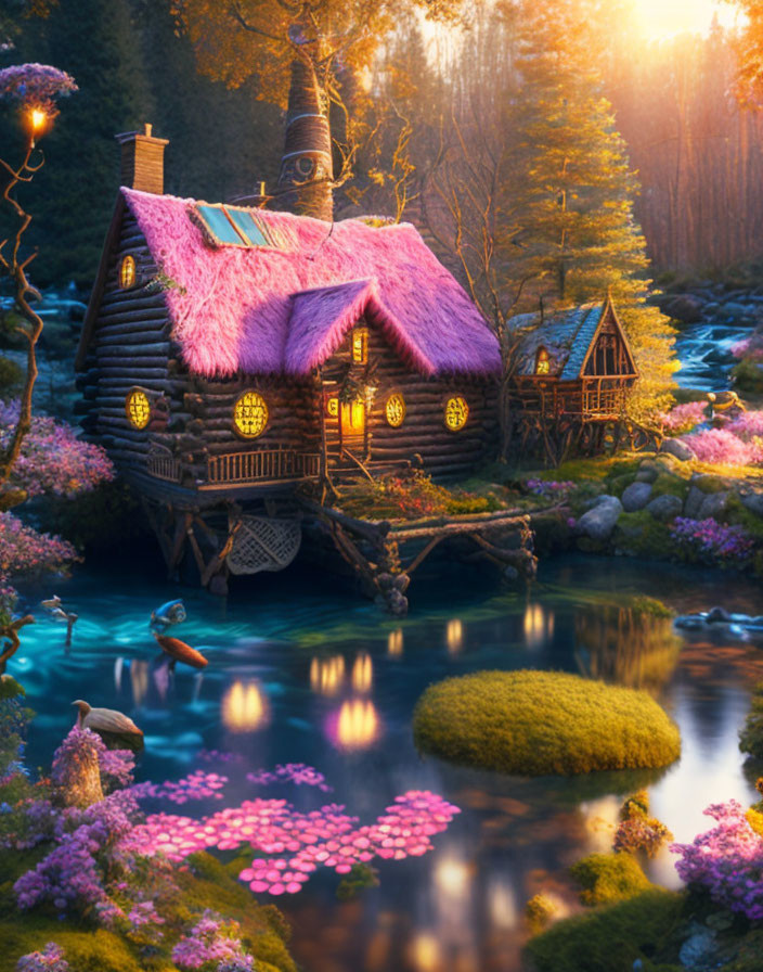 Thatched Roof Fairy-Tale Cottage in Magical Forest at Twilight