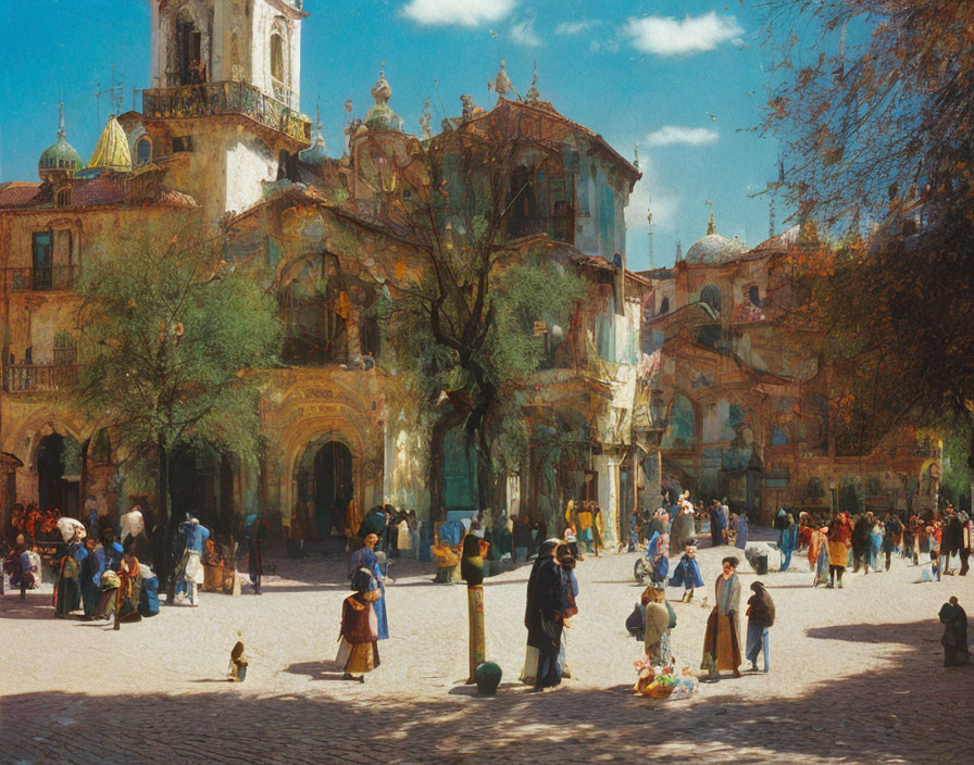 Vintage Square with Period Attire, Vibrant Sky, Ornate Buildings