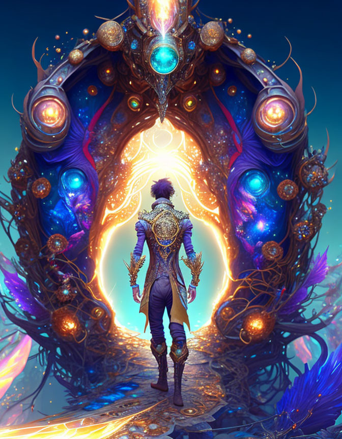 Fantasy figure in intricate outfit by glowing ornate portal