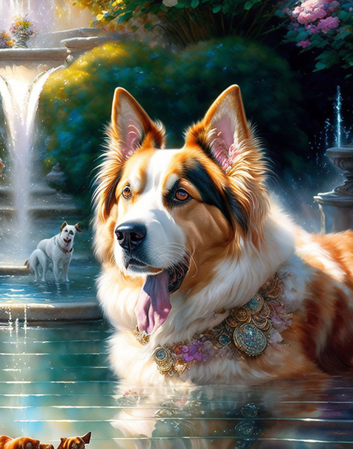 Realistic brown and white dog painting by fountain with regal collar