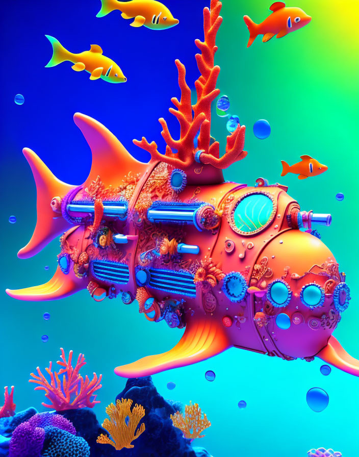 Colorful surreal submarine with organic fish elements in coral-filled underwater scene