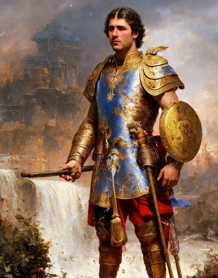 Warrior in Blue and Gold Armor with Sword and Shield by Waterfall and Castle