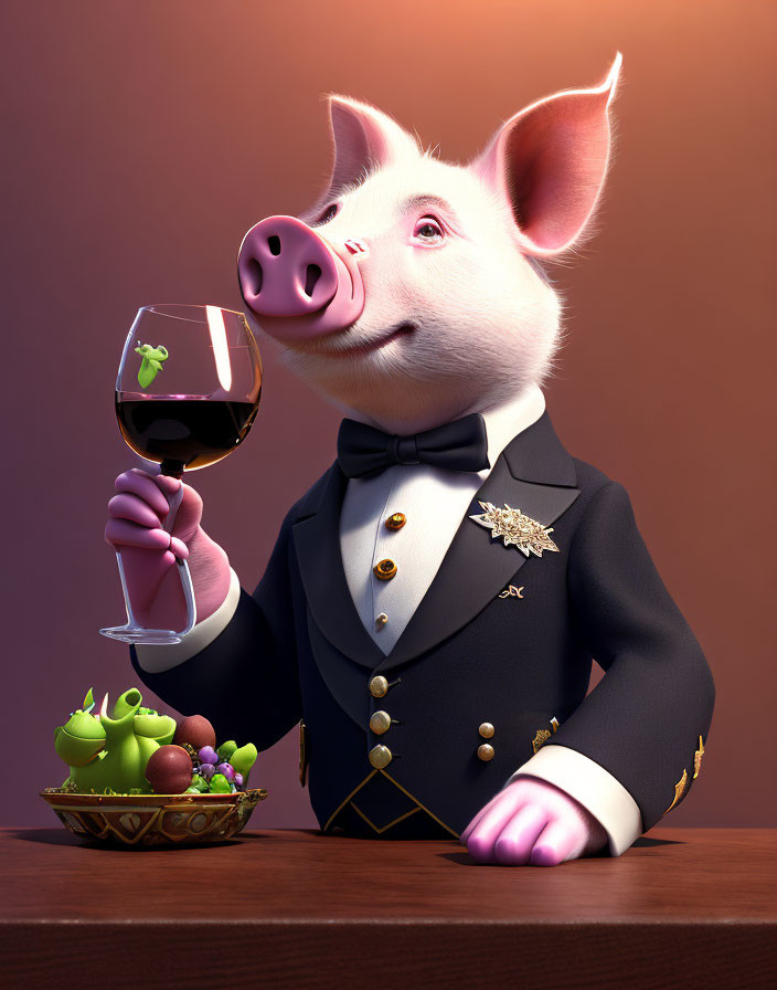 Anthropomorphic pig in tuxedo with red wine glass and tea set on purple background