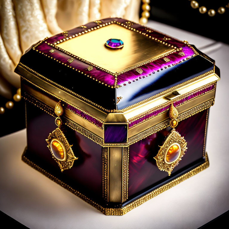 Jewel Box with Gold Trim, Purple Panels & Gemstone Accents