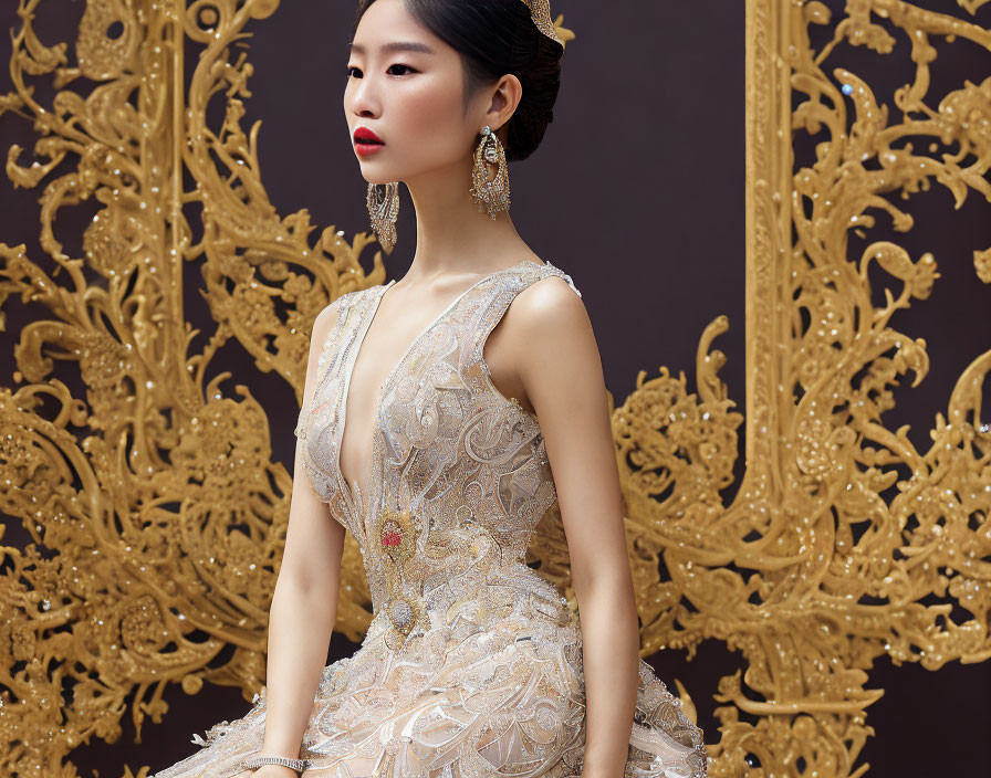 Luxurious Golden Ornamental Background with Elegant Woman in Embroidered Gown