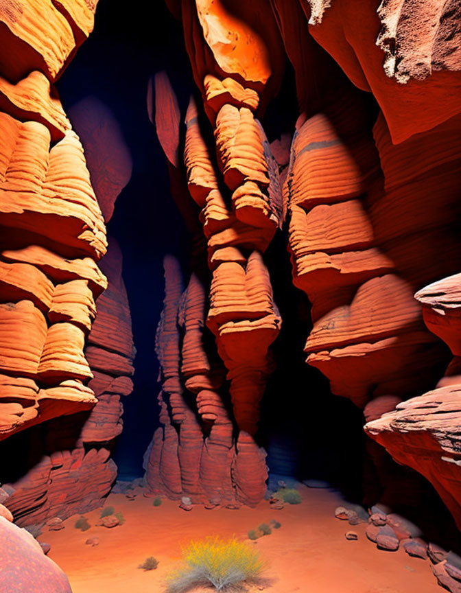 Red Rock Canyon with Layered Walls and Yellow Bush in Sandy Landscape