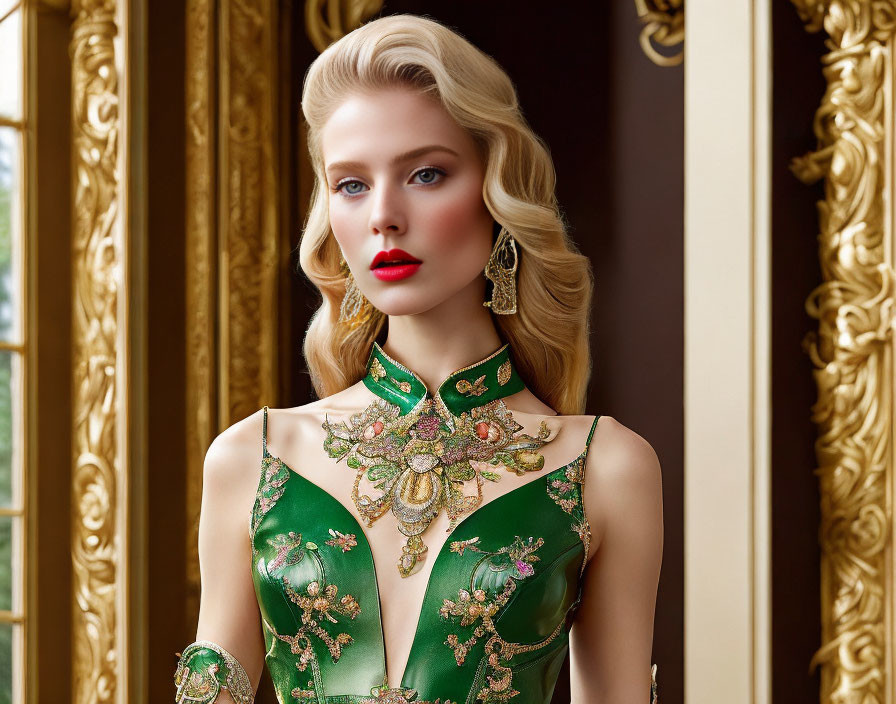 Blonde woman in green dress with jewel embroidery and red lipstick poses by golden frame.