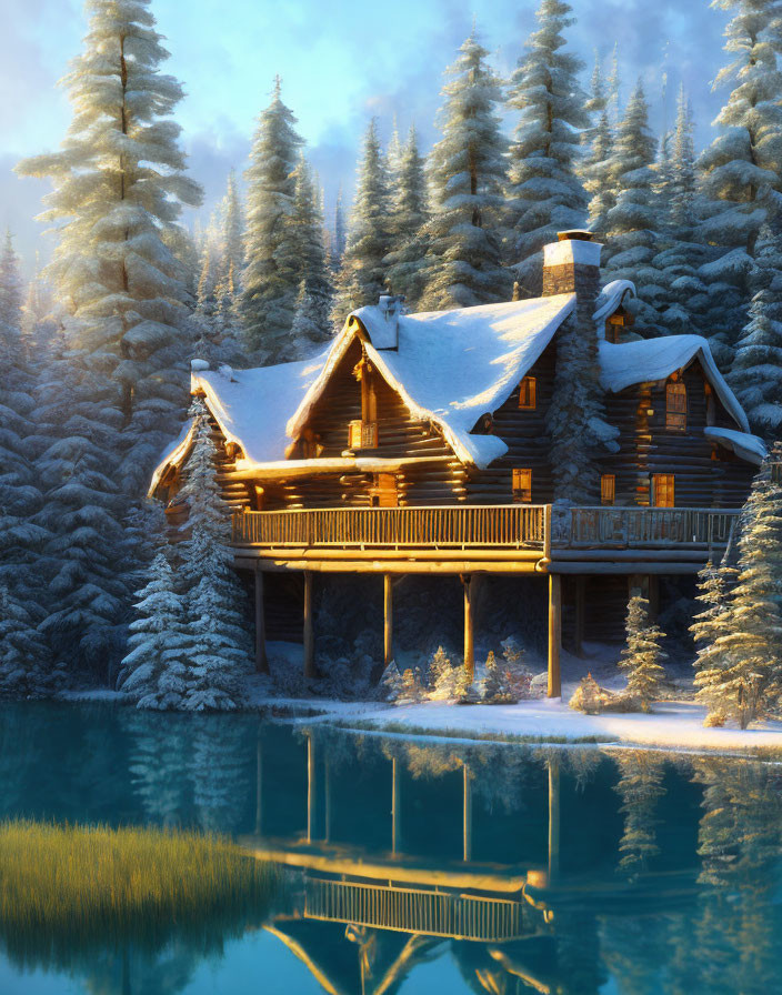 Snow-covered log cabin by calm lake in winter landscape