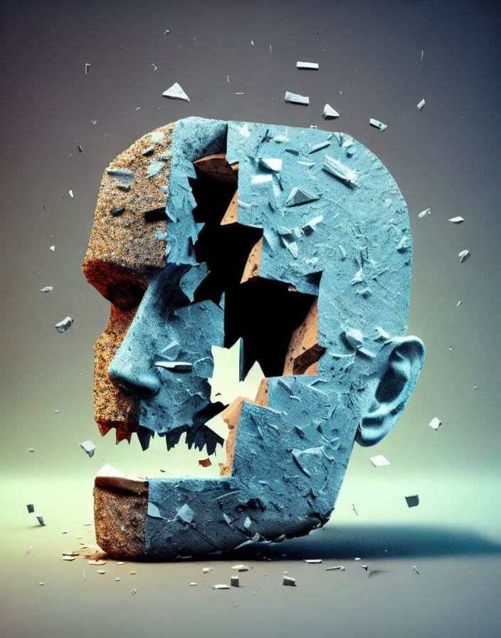 Fractured human head sculpture with contrasting textures and colors