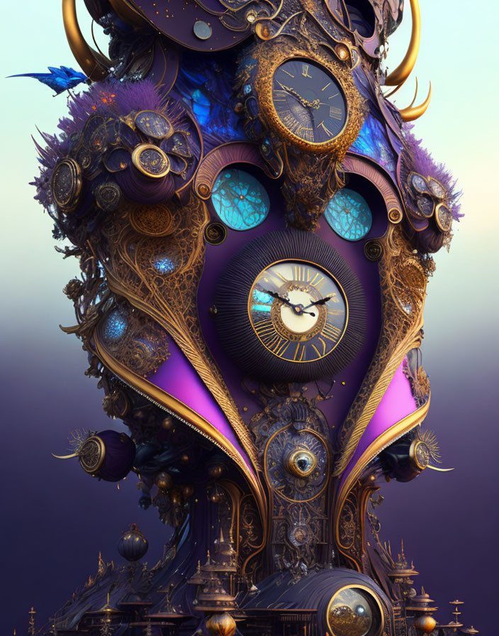 Intricate Clockwork Structure with Gears & Metallic Feathers