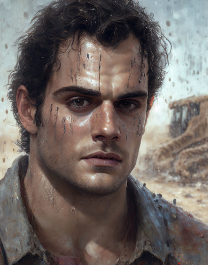 Intense-eyed man in digital portrait with dirty, sweaty face - harsh environment backdrop.