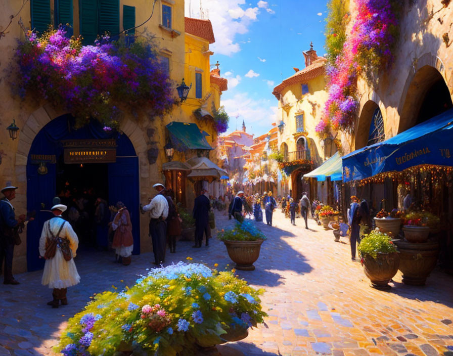 Colorful Cobblestone Street with Shops and People on Sunny Day