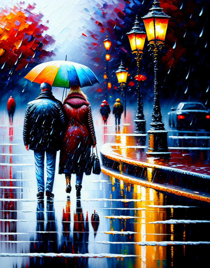 Couple walking on rainy cobblestone street with colorful umbrella