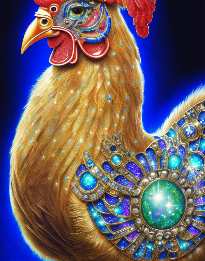 Colorful Rooster Artwork with Jewel-Encrusted Breastplate