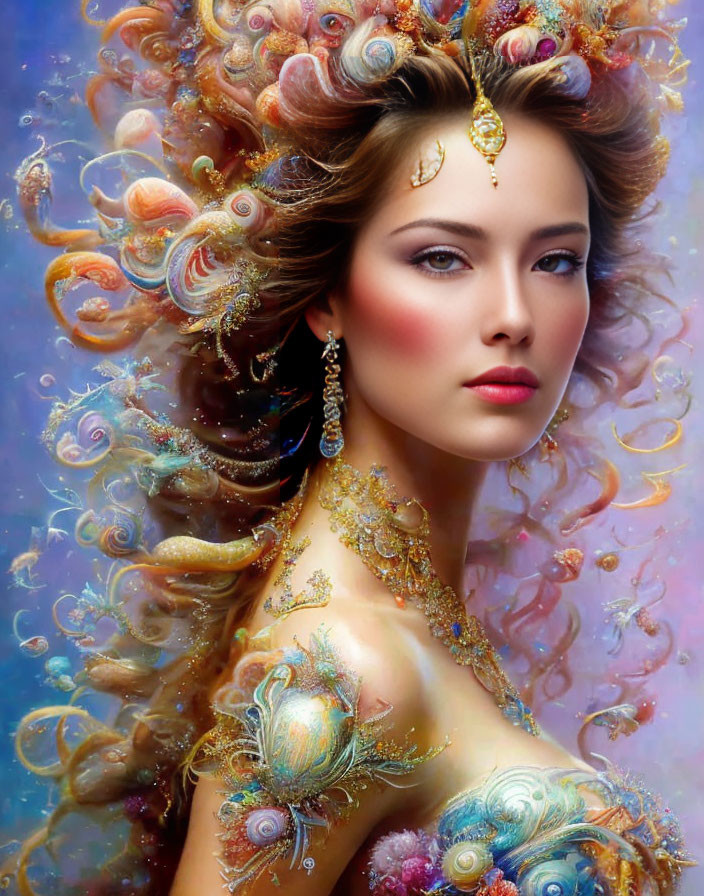 Whimsical hair adorned with shells and swirls, golden jewelry, detailed makeup.