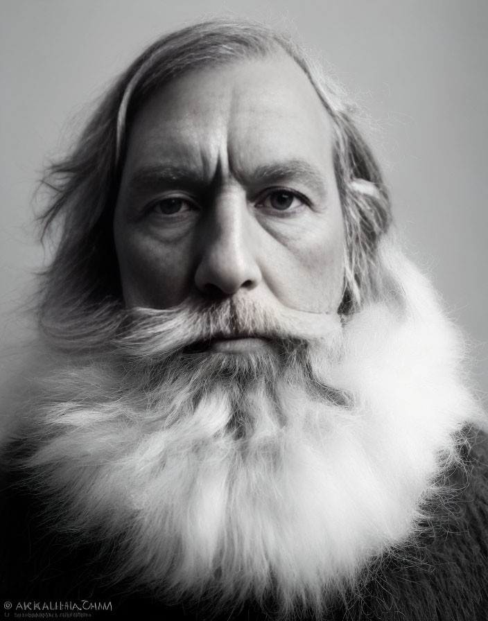 Detailed Close-Up Portrait of Man with Long White Beard and Stern Expression