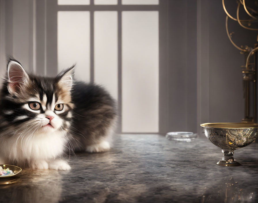 Long-haired cat on marble surface next to golden cup with soft light from window