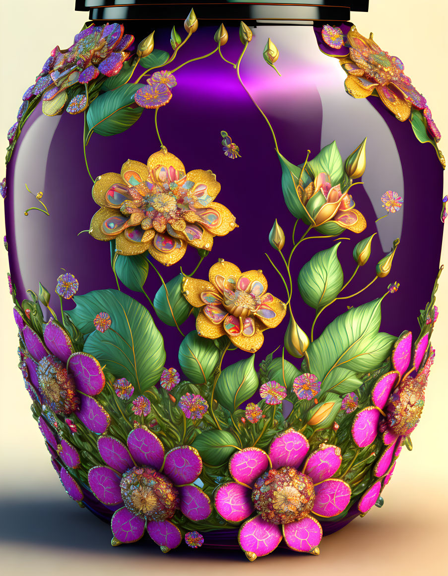 Purple vase with glossy surface and embossed golden flowers, green leaves, and insects.