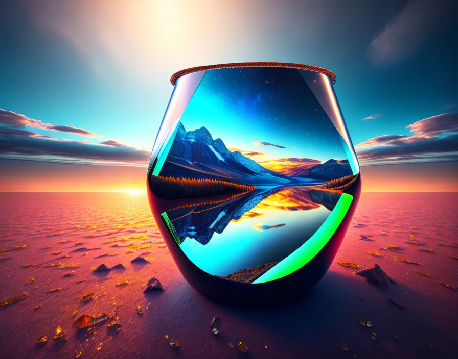 Glass fishbowl with surreal mountain landscape under starry sky in desert sunset setting