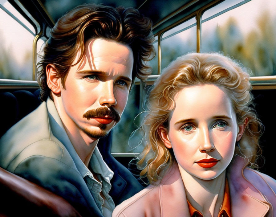 Vintage Attired Man and Woman in Vehicle: Digital Painting