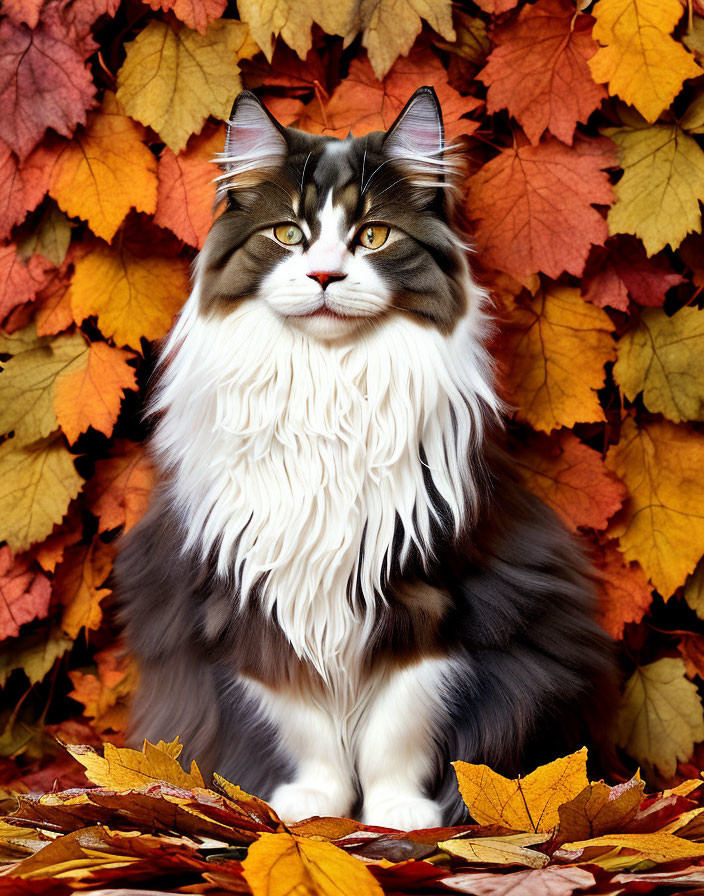 Long-haired cat in autumn leaves with luxurious fur and striking gaze