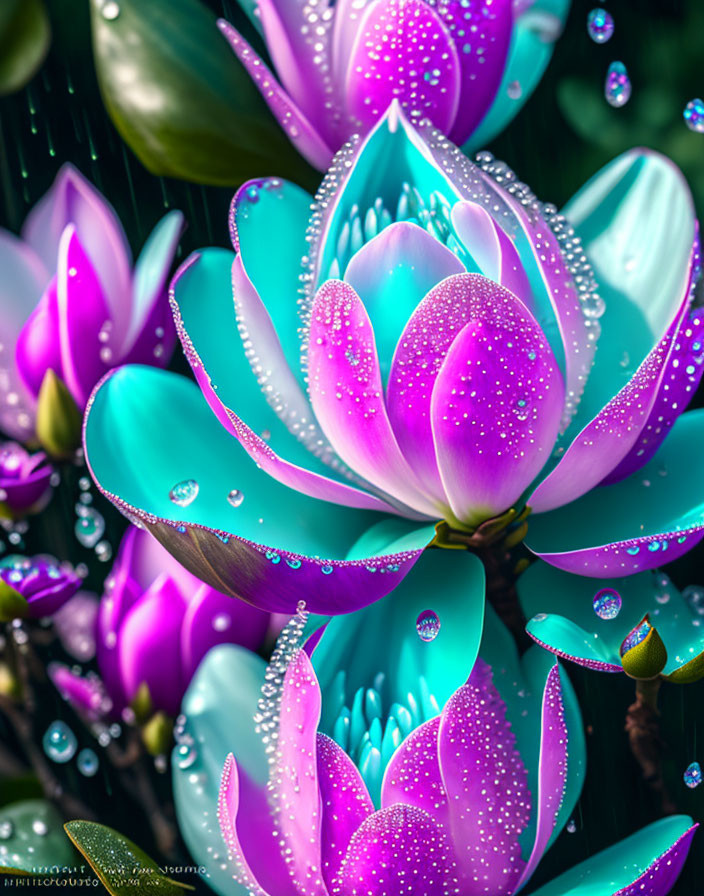 Teal and Pink Lotus Flower Digital Artwork with Water Droplets