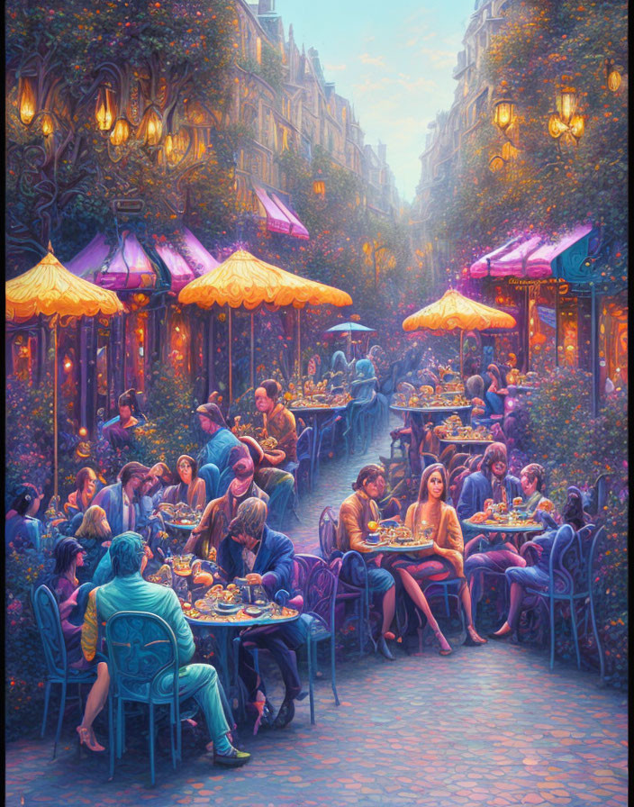 Vibrant animated street scene: dusk cafes, colorful lights, people socializing.