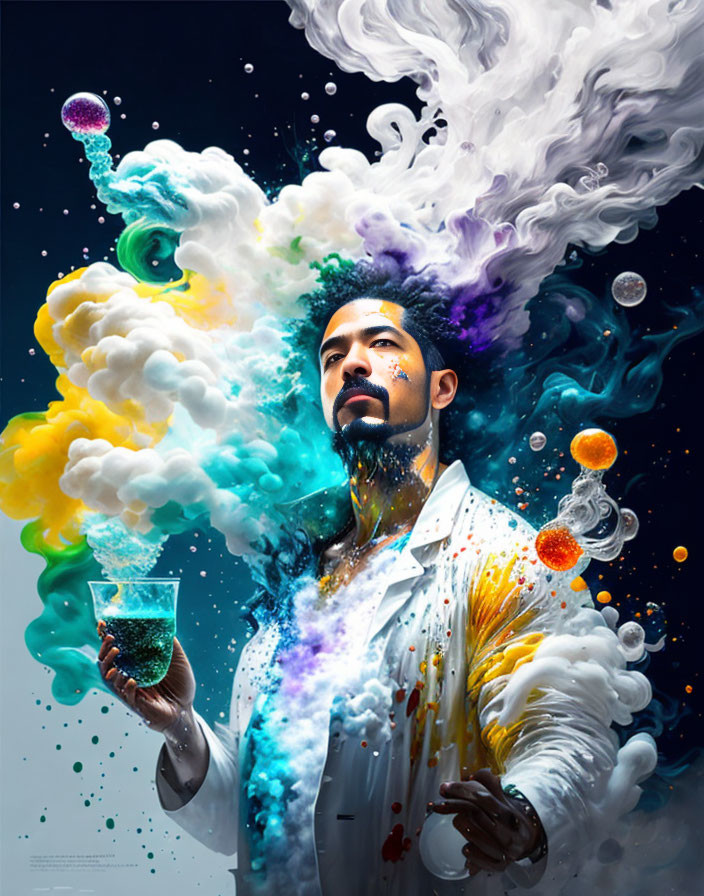 Scientist in lab coat holds glass beaker with colorful chemical reactions